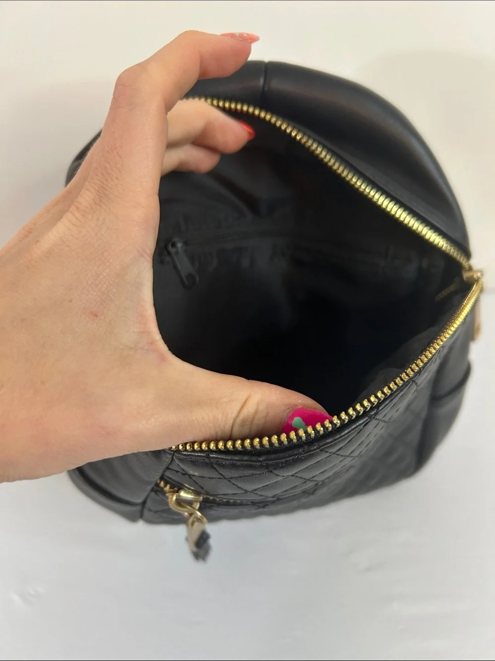 Time and Tru Black Quilted Faux Leather Mini Backpack with Gold Hardware